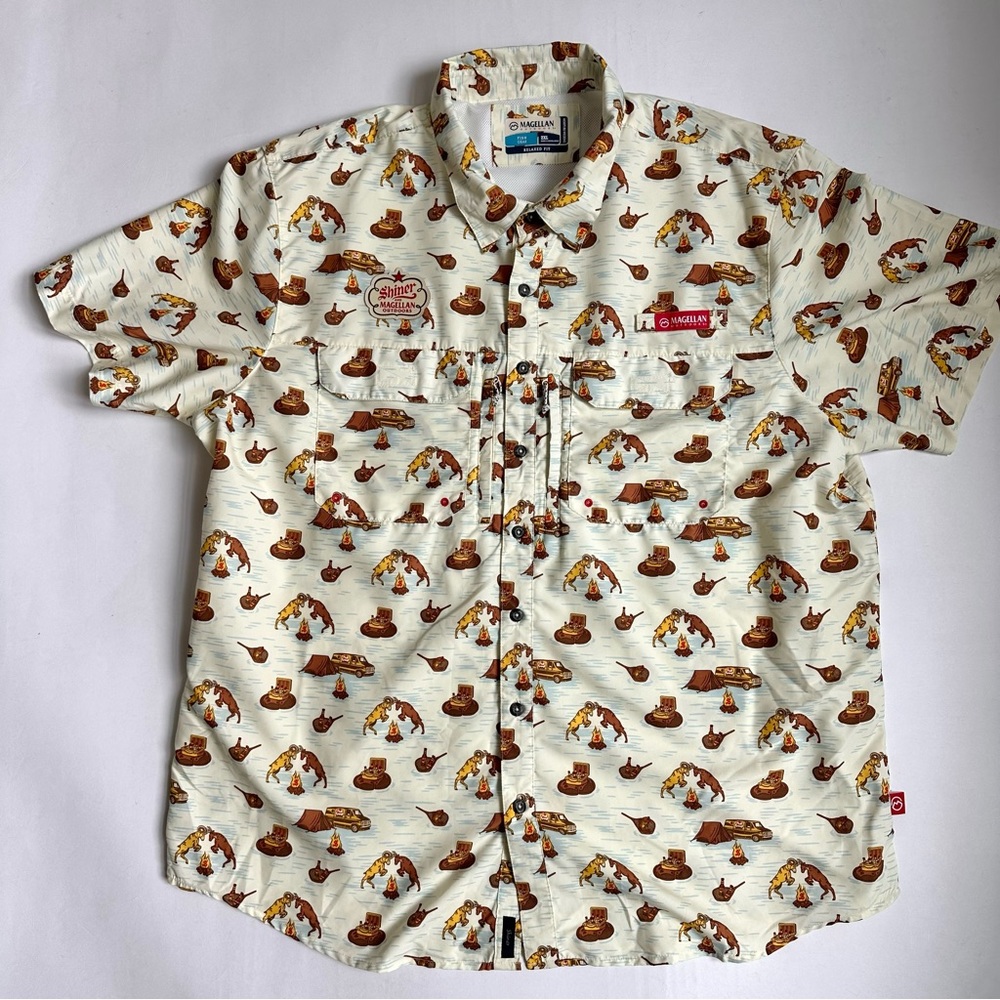 Magellan Outdoors Fish Gear with Shiner Men’s Camping Print Shirt 2XL